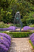 BORDE HILL GARDEN, WEST SUSSEX: JAY ROBINS ROSE GARDEN, JUNE, FOUNTAIN OF APHRODITE BY BRENDON MURLESS, PATHS, LAVENDER, LAVENDULA LODDON BLUE