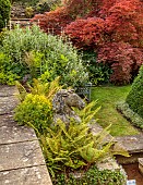 THE SUMMERHOUSE, OXFORDSHIRE: STEPS, HORSE STATUE, SCULPTURES, FERNS, WATERFALL, POND, POOL, CANAL, SUMMER, COTSWOLDS, JULY, MAPLES