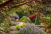 THE SUMMERHOUSE, OXFORDSHIRE: HORSE STATUES, SCULPTURES, FERNS, SUMMER, COTSWOLDS, JULY, CLIPPED TOPIARY YEW PYRAMID, ALCHEMILLA MOLLIS, MAPLES