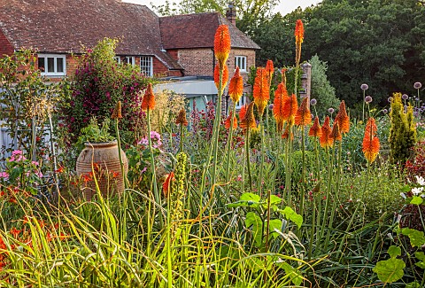 HIGHLANDS_SUSSEX_SUMMER_BORDERS_RED_HOT_POKERS_KNIPHOFIA_TERRACOTTA_CONTAINER_HOUSE_STIPA_GIGANTEA_L