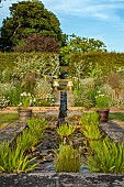HIGHLANDS, SUSSEX: WHITE GARDEN, ONOPORDUM ACANTHIUM, BARN, LAWN, PATHS, POND, POOL, BORDERS, WATER FEATURE, WHITE CONTAINERS, URNS, RILL