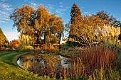 ST TIMOTHEE, BERKSHIRE: LAKE, POND, POOL, WATER, AUTUMN, OCTOBER, FALL, FOLIAGE, WATERLILIES, REFLECTIONS, PAMPAS GRASS