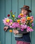 THE LAUNDRY GARDEN, DENBIGH, WALES: JENNY WILLIAMS HOLDING CONTAINER OF DAHLIAS AT THE DOOR OF THE WALLED GARDEN ENTRANCE, WALLS, BLUE GATE, NOVEMBER, FALL
