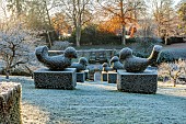 ROCKCLIFFE GARDEN, GLOUCESTERSHIRE: SUNRISE, ENGLISH, COUNTRY, GARDEN, WINTER, FROST, SUNRISE, CLIPPED TOPIARY BIRDS, FROSTY