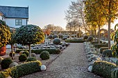 ORDNANCE HOUSE, WILTSHIRE: FROST, FROSTY, WINTER, CLIPPED TOPIARY STANDARDS, PORTUGUESE LAUREL, PRIVET, FORMAL, COUNTRY, GARDEN, LAVENDER, STONE BALLS, GRAVEL, PATHS