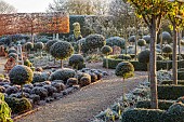 ORDNANCE HOUSE, WILTSHIRE: FROST, FROSTY, WINTER, CLIPPED TOPIARY STANDARDS, PORTUGUESE LAUREL, PRIVET, FORMAL, COUNTRY, GARDEN, GRAVEL, PATHS, HEDGES, HEDGING, LAVENDER