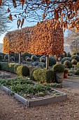 ORDNANCE HOUSE, WILTSHIRE: FROST, FROSTY, WINTER, POTAGER, VEGETABLE GARDEN, PLEACHED HORNBEAM, SUMMERHOUSE, BUILDING, COUNTRYSIDE