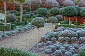 ORDNANCE HOUSE, WILTSHIRE: FROST, FROSTY, WINTER, FORMAL, GRAVEL, PATHS, CLIPPED LAVENDER, PORTUGUESE LAUREL STANDARDS, BEECH, HEDGE, HEDGING, COUNTRY, GARDEN