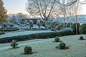 ORDNANCE HOUSE, WILTSHIRE: FROST, FROSTY, WINTER, PORTUGUESE LAUREL HEDGE, HEDGING, SUMMERHOUSE, PYRUS CHANTICLEER, FORMAL, COUNTRY, GARDEN, BOX BALLS