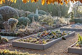 ORDNANCE HOUSE, WILTSHIRE: FROST, FROSTY, WINTER, POTAGER, VEGETABLE GARDEN, SUMMERHOUSE, RAISED BEDS, BORDERS, RUBY CHARD