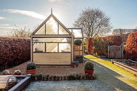 ORDNANCE_HOUSE_WILTSHIRE_COUNTRY_GARDEN_FROST_FROSTY_WINTER_SUNRISE_DAWN_BEECH_HEDGES_HEDGING_GREENH