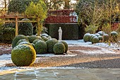 MORTON HALL GARDENS, WORCESTERSHIRE: PATH, STATUE, CLIPPED TOPIARY BOX, BUXUS, SOUTH GARDEN, FORMAL, WINTER, SNOW, FROST, YEW HEDGES