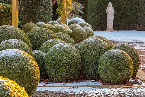 MORTON_HALL_GARDENS_WORCESTERSHIRE_PATH_STATUE_CLIPPED_TOPIARY_BOX_BUXUS_SOUTH_GARDEN_FORMAL_WINTER_