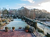 LONG BARN GARDENS, KENT: FROST, WINTER, VIEW FROM VITA SACKVILLE WEST BEDROOM, LAWN, CLIPPED TOPIARY HEDGES, AVENUE OF IRISH YEWS