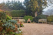 LONGYARD COTTAGE, ESSEX: WINTER, FEBRUARY, MIST, FOG, FOGGY, BORDERS, GRAVEL, FRONT, DRIVE, WOODEN FURNITURE, BENCHES, SEATS