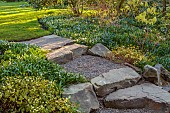 MORTON HALL GARDENS, WORCESTERSHIRE: STEPS UP TO LAWN, BORDERS, SCILLA SIBERICA, SPRING, APRIL