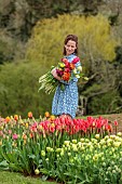 BROWN FLOWERS, OXFORDSHIRE: ANNA BROWN HOLDING TULIPS IN HER FIELD, SPRING, APRIL
