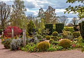 THE LASKETT, HEREFORDSHIRE: APRIL, FOUNTAIN COURT, FOUNTAIN, CLIPPED TOPIARY SHAPES, COLUMNS, MAPLE