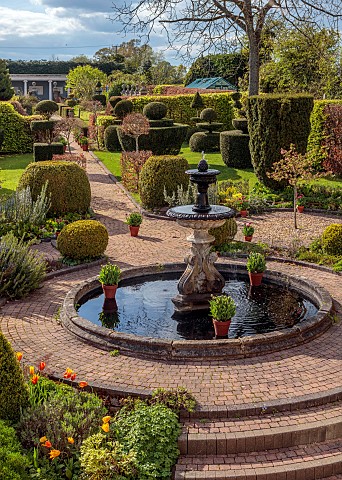 THE_LASKETT_HEREFORDSHIRE_APRIL_FOUNTAIN_COURT_FOUNTAIN_WATER_PATH_CLIPPED_TOPIARY_SHAPES_LAWNS_PATH