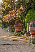 IFORD MANOR, WILTSHIRE: APRIL: SUNSET, TERRACE, CLASSICAL, COUNTRY, GARDEN, CHERRY, URNS, POTS, CONTAINERS, ITALIANATE, DESIGNER HAROLD PETO