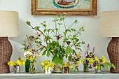 DRESSER DECORATED BY ANNETTE WARREN: NATURAL FORAGED FLOWERS, BLOOMS OF BULBS, APRIL, COWSLIPS, PINK BLUEBELLS, COW PARSLEY, FLOWER ARRANGEMENT, CUT FLOWERS, CUTTING