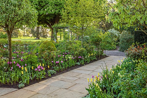 MORTON_HALL_GARDENS_WORCESTERSHIRE_MAY_SPRING_COUNTRY_GARDEN_SOUTH_GARDEN_BORDER_WITH_TULIPS_PATHS