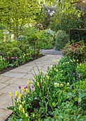 MORTON HALL GARDENS, WORCESTERSHIRE: MAY, SPRING, COUNTRY, GARDEN, SOUTH GARDEN, BORDER WITH TULIPS, PATHS