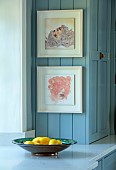 PRIVATE GARDEN, DEDHAM VALE, SUFFOLK: KITCHEN BY LOCAL COMPANY CHURCHILL BROTHERS, CERULLIAN BLUE, EDWARD BULMER, MIXED MEDIA PORTRAITS BY LUCY PASS