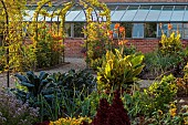 MORTON HALL GARDENS, WORCESTERSHIRE: JULY, KICHEN GARDENS, POTAGER, VEGETABLE, CONTAINER, CABBAGES, ARCH, CANNA TROPICANA GOLD