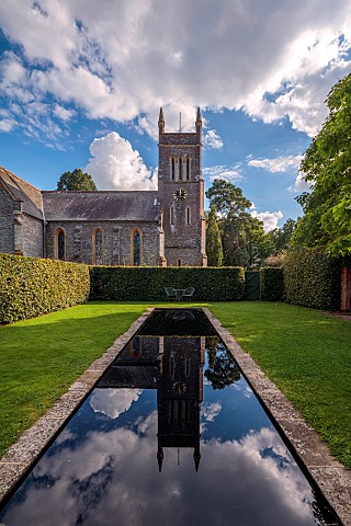 STOCKCROSS_HOUSE_BERKSHIRE_RECTANGULAR_BLACK_POOL_POND_WATER_LAWN_CHURCH_REFLECTED_REFLECTIONS_SEPTE