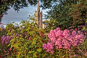 PATTHANA GARDEN, IRELAND: PINK FLOWERS OF PHLOX, CHURCH, BORROWED LANDSCAPE