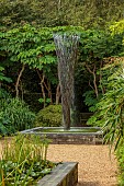 EAST RUSTON OLD VICARAGE GARDEN, NORFOLK: EXOTIC GARDEN, TWO RAISED POOLS, PONDS, FOUNTAIN BY GILES RAINER, EXOTIC BORDERS, TETRAPANAX PAPYRIFER REX, LEAVES, GREEN, FOLIAGE, AUGUST