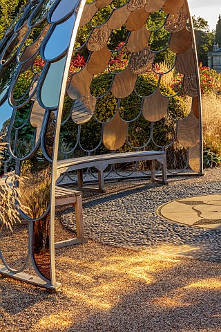 GRANTLEY_HALL_YORKSHIRE_SUNSET_GRAVEL_GARDEN_PATINATED_STEEL_AND_COLOURED_STAINLESS_STEEL_GLAZED_CUP
