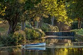 GRANTLEY HALL, YORKSHIRE: BOAT ON THE RIVER SKELL, WATER, WEIR, WATERFALL, SEPTEMBER