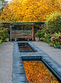 THE OLD VICARAGE, WORMINGFORD, ESSEX: DESIGNER JEREMY ALLEN: NOVEMBER, FALL, AUTUMN, YEW HEDGES, HEDGING, RILL, CLIPPED PYRUS SALICIFOLIA, HYDRANGEA ANNABELLE, SEAT, REFLECTIONS