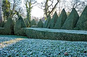 BECKLEY PARK, OXFORDSHIRE: FROST, FROSTY, WINTER, HOUSE, CLIPPED TOPIARY, HEDGES, HEDGING, BOX