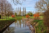 COLUMBINE HALL, SUFFOLK: THE MOAT, MARCH, REEDS, WILLOWS, REFLECTED, REFLECTIONS, LANDSCAPE