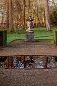 COTTESBROOKE HALL AND GARDENS, NORTHAMPTONSHIRE: THE PARK, SPRING, MARCH, WOODEN SEAT, BENCHES, CEDAR TREE