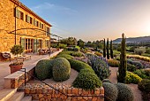 PRIVATE GARDEN ALARO, MALLORCA, DESIGNED BY MASHAMBA DESIGN: HOUSE, TERRACE, GRAVEL GARDEN, CLIPPED ROSEMARY, TEUCRIUM FRUTICANS, ECHIUM CANDICANS, OSTEOSPERMUMS, LIMONIUM PEREZII