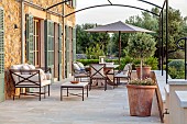 PRIVATE GARDEN ALARO, MALLORCA, DESIGNED BY MASHAMBA DESIGN: TERRACE, SEATS, BENCHES, CUSHIONS, TABLES, CHAIRS, LIFESTYLE, PATIO, TERRACOTTA CONTAINERS