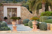 PRIVATE GARDEN ALARO, MALLORCA, DESIGNED BY MASHAMBA DESIGN: COURTYARD, WALL, GATE, TERRACOTTA CONTAINERS, DECORATIVE COBBLED FLOOR, CYCAS REVOLUTA, JAPANESE SAGO PALM