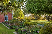 MORTON HALL GARDENS, WORCESTERSHIRE: APRIL, SPRING, BORDERS, TULIPS, SOUTH GARDEN, MORNING LIGHT, SUNRISE