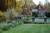 DODDINGTON PLACE, KENT: LAWN AND BORDER BESIDE THE SUNKEN GARDEN. COPPER CONTAINERS PLANTED WITH WHITE TULIPS, SILVER AND WHITE BORDER, LAWN