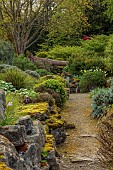 DODDINGTON PLACE, KENT: APRIL, SPRING, THE ROCK GARDEN, FALLEN LOG OVER PATH