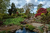 DODDINGTON PLACE, KENT: LARGE POOL, POND, QUARRY, ROCK GARDEN, MAPLES, ACERS, WATER, REFLECTIONS, REFLECTED, STREAM, SEAT, BENCH