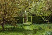 DODDINGTON PLACE, KENT: APRIL, SPRING, WOODLAND, PATH, HEDGES, HEDDGING, DAVID HARBER OBELISK