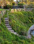 CAISSON GARDEN, SOMERSET: VIEW DOWN TO THE POUND, POND WITH ENGLISH OAK STEPS AND BOARDWALK, EUPHORBIA PALUSTRIS, LAMIUM ORVALA