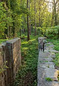 CAISSON GARDEN, SOMERSET: CANAL LOCK GATES WITH WOODLAND AND TOPIARY NATIVE PRIVET