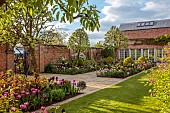 MORTON HALL GARDENS, WORCESTERSHIRE: APRIL, SPRING, BORDERS, TULIPS, SOUTH GARDEN, PYRUS SILVER SAILS, LAWN