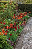 MORTON HALL GARDENS, WORCESTERSHIRE: APRIL, SPRING, BORDERS, TULIPS, KITCHEN GARDEN, BORDER, ORANGE, RED, TULIPS, TULIPA BALLERINA, TULIPA RED SIGNAL, TULIPA FIERY CLUB